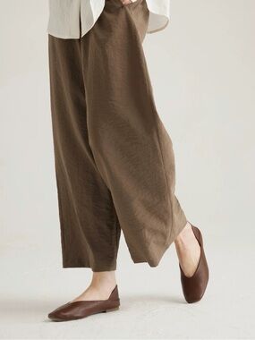 NWOT Silk Relaxed Wide-Leg Linen Pants in Olive Brown